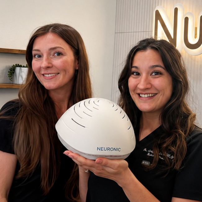 Two NuviTru practitioners holding a Neuronic LIGHT helmet in their Texas clinic.