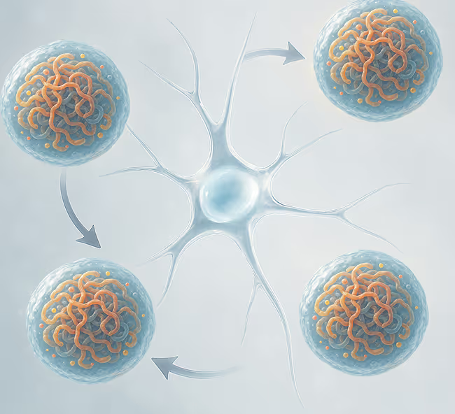 Diagram of a neuron with branching dendrites connecting to four spheres representing brain regions with orange neural pathways highlighted