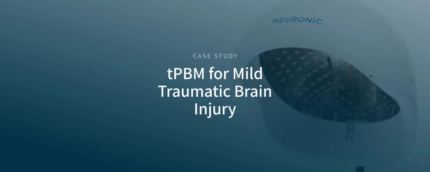 Neuronic Helmet displayed against a blue gradient background with text reading "Case Study: tPBM for Mild Traumatic Brain Injury
