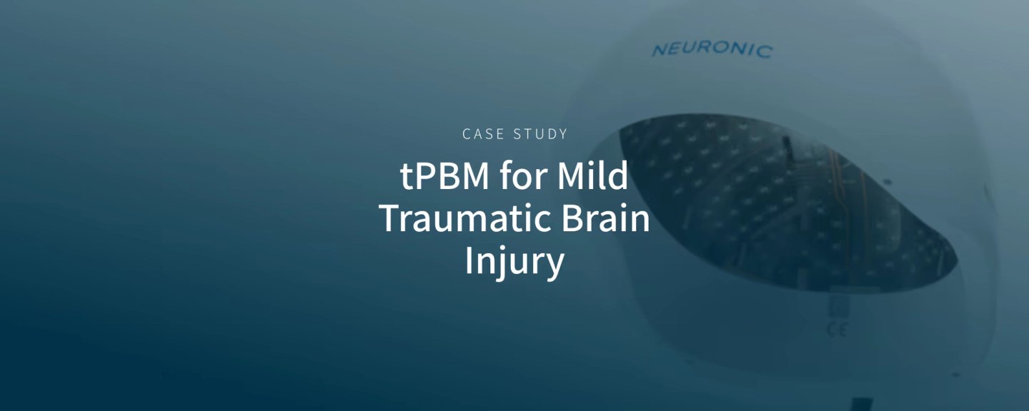 Neuronic Helmet displayed against a blue gradient background with text reading "Case Study: tPBM for Mild Traumatic Brain Injury