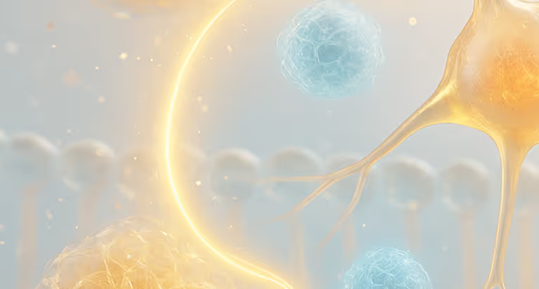 Abstract illustration of neural cells with glowing golden light pathways and blue cellular structures
