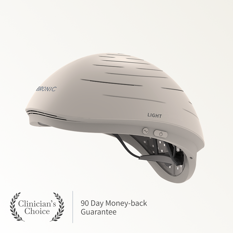 The Neuronic LIGHT helmet in profile, carrying the 90-day money-back seal and the Clinicians' Choice mark.