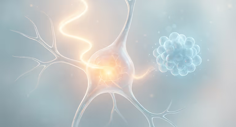 Neuron with glowing center and branching dendrites, connected to a cluster of mitochondria illustrated in blue