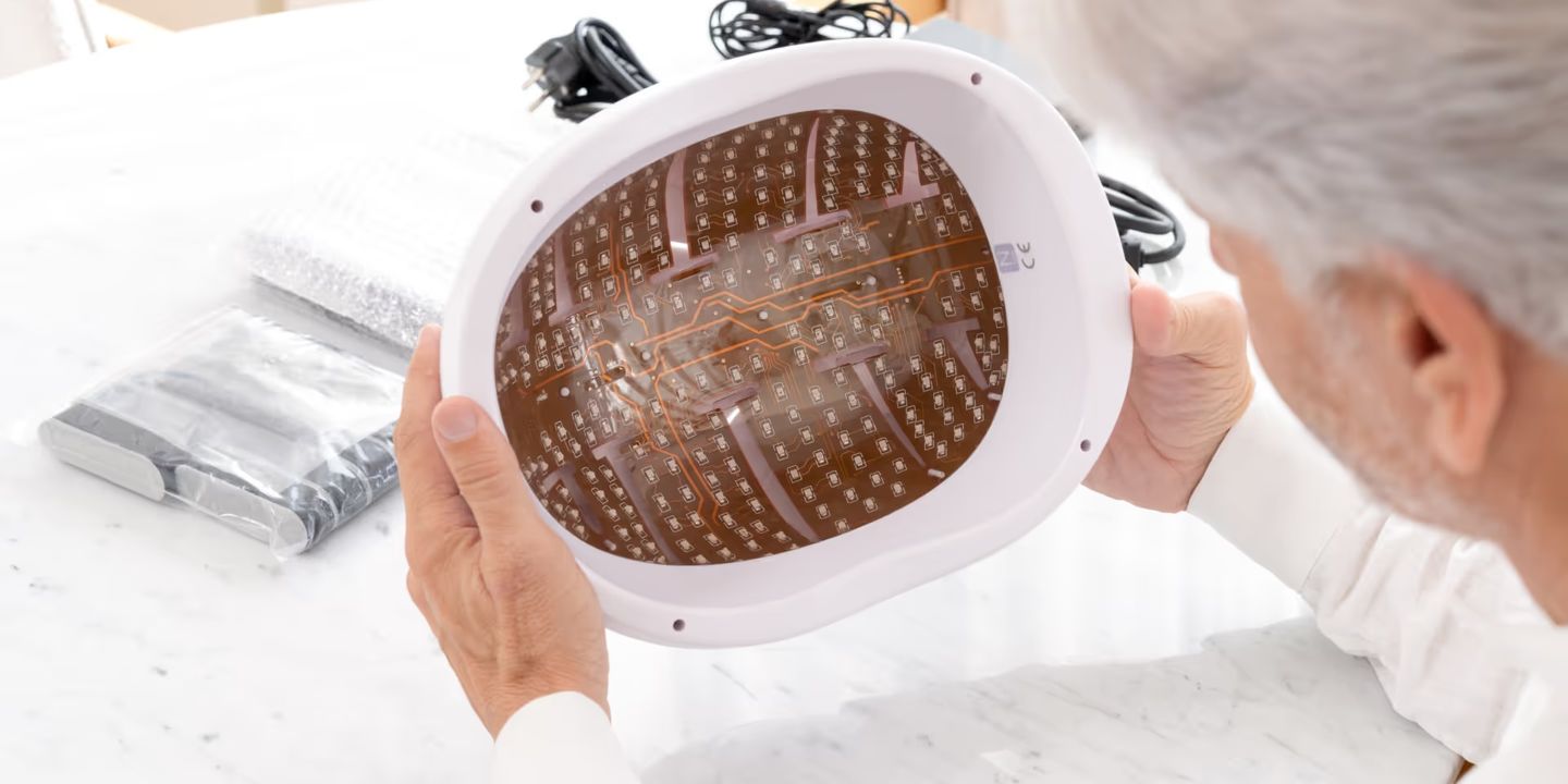 Person holding Neuronic Helmet showing interior light-emitting diode array and circuit board