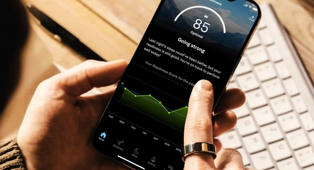 Oura Ring sleep tracking data displaying sleep stages, recovery metrics, readiness score, and long-term health trends collected through wearable sensors.