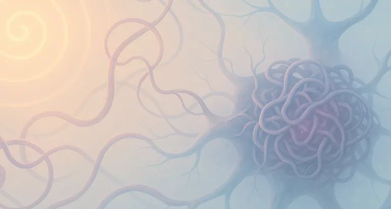 Abstract illustration of neural pathways and brain tissue transitioning from warm to cool tones