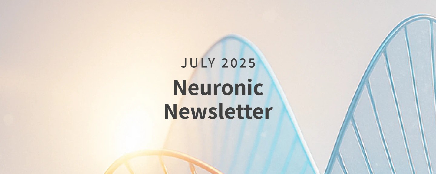 Text overlay reading "July 2025 Neuronic Newsletter" on abstract background with blue and orange geometric shapes