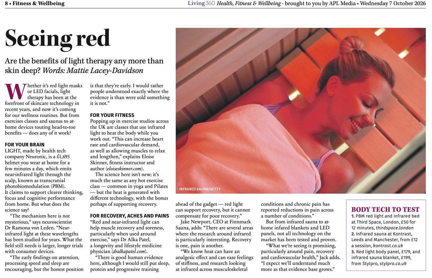 Newspaper page "Seeing red" from The Daily Telegraph, with Neuronic's LIGHT helmet in the "For your brain" section.
