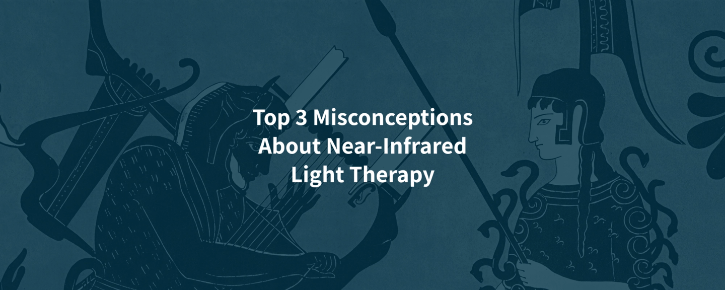 Decorative background with classical statues and text overlay reading "Top 3 Misconceptions About Near-Infrared Light Therapy