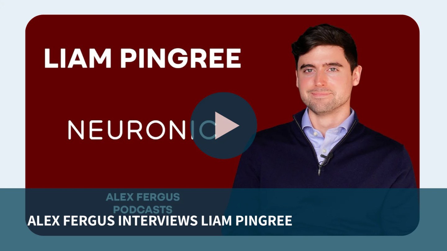 Man wearing light purple shirt against red background, with Neuronic logo and play button overlay, labeled Liam Pingree, Alex Fergus Podcasts