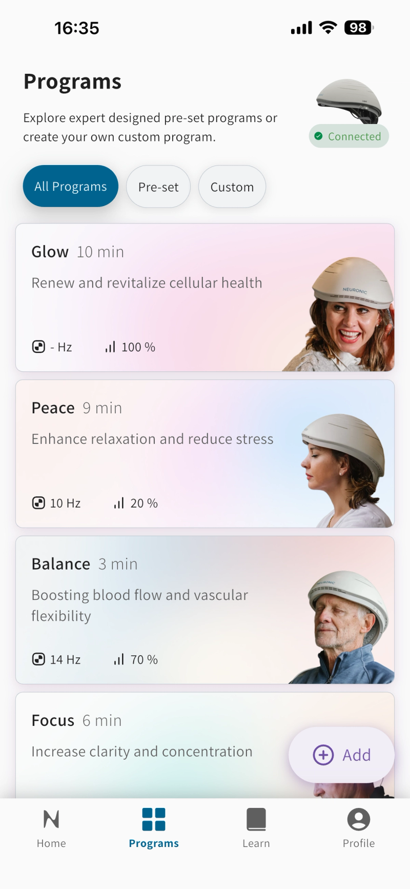 Neuronic app Programs screen listing the Glow, Peace, Balance, and Focus presets with their duration, pulse rate, and intensity