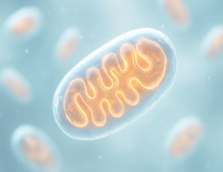 Mitochondrion with glowing inner membrane structures against a blue background
