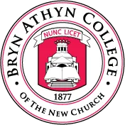 Bryn Athyn College seal with pink shield featuring a building, surrounded by circular border with college name