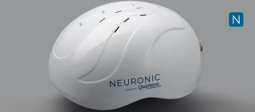 White Neuronic Helmet with curved design and ventilation slots, shown from the side against a gray background