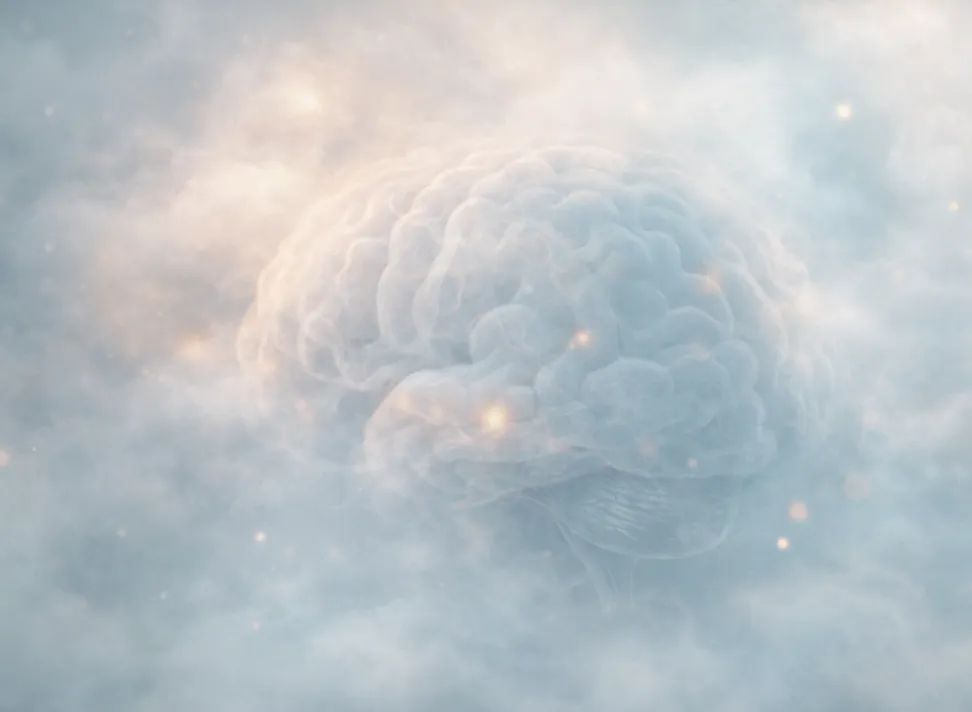 Translucent brain illustration surrounded by clouds with warm light points, representing neural activity or cognitive processing