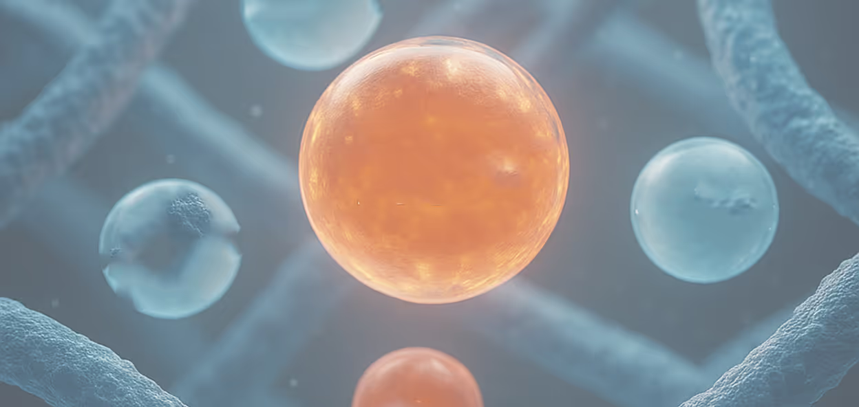 Microscopic view of cells with a large orange-glowing sphere surrounded by smaller translucent blue spheres and fibrous structures