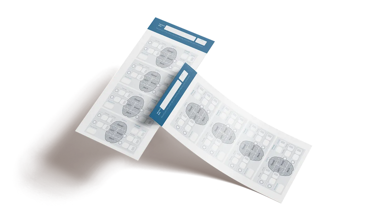 Unfolded product packaging for Neuronic Helmet showing blue sleeve and white interior panels with device diagrams and specifications
