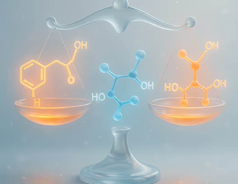 Balance scale with molecular structures, orange compound on left, blue molecule in center, orange compound on right