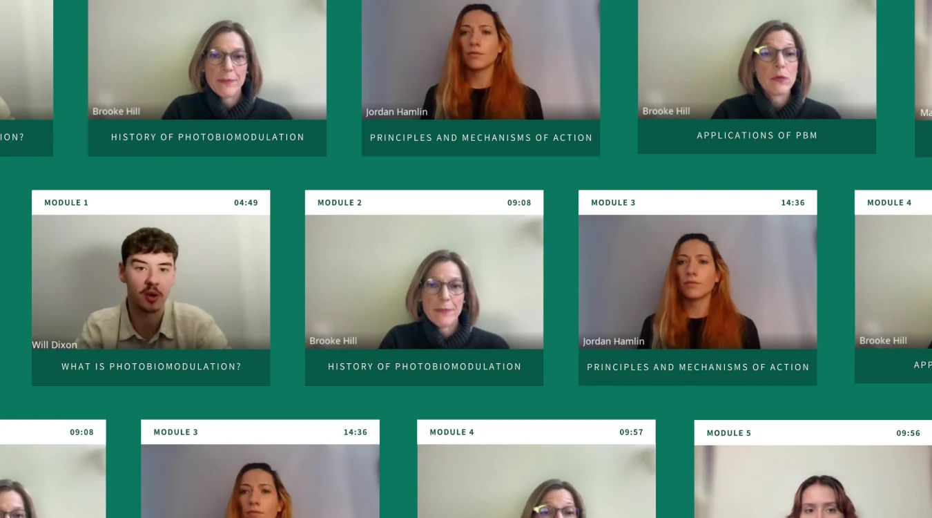 Grid of video modules featuring instructors discussing photobiomodulation topics, with names and video lengths labeled