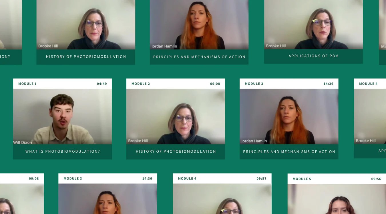 Grid of video modules featuring instructors discussing photobiomodulation topics, with names and video lengths labeled