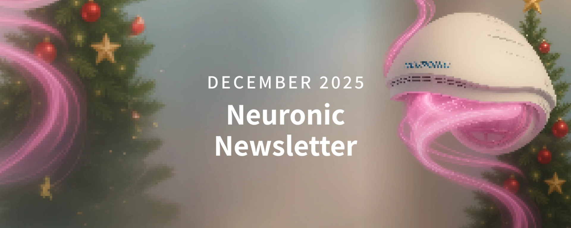 Neuronic Helmet with pink light emission, surrounded by holiday decorations including evergreen garland, red ornaments, and gold stars