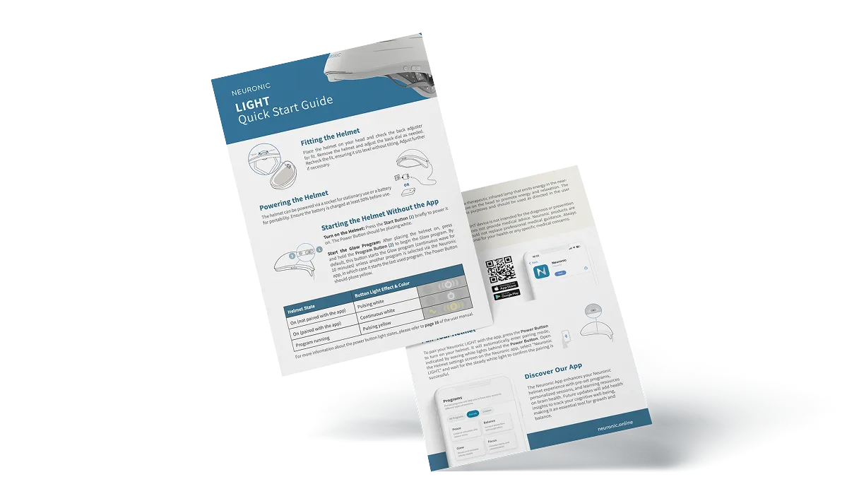 Neuronic LIGHT Quick Start Guide documents fanned out, showing fitting, powering, and starting instructions with diagrams and a thermal table