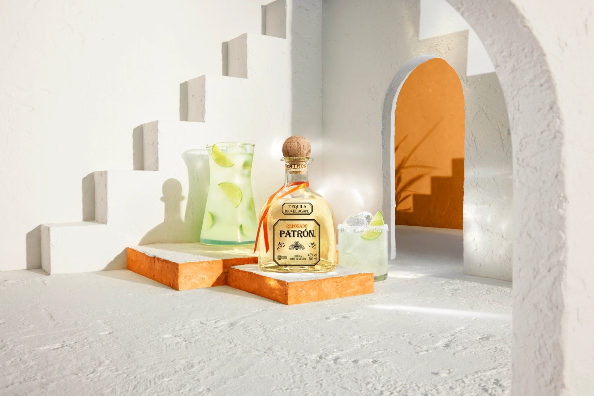 A pitcher of Patron Margarita in a custom-built Mexican-inspired set photographed by Jason Bailey Studio