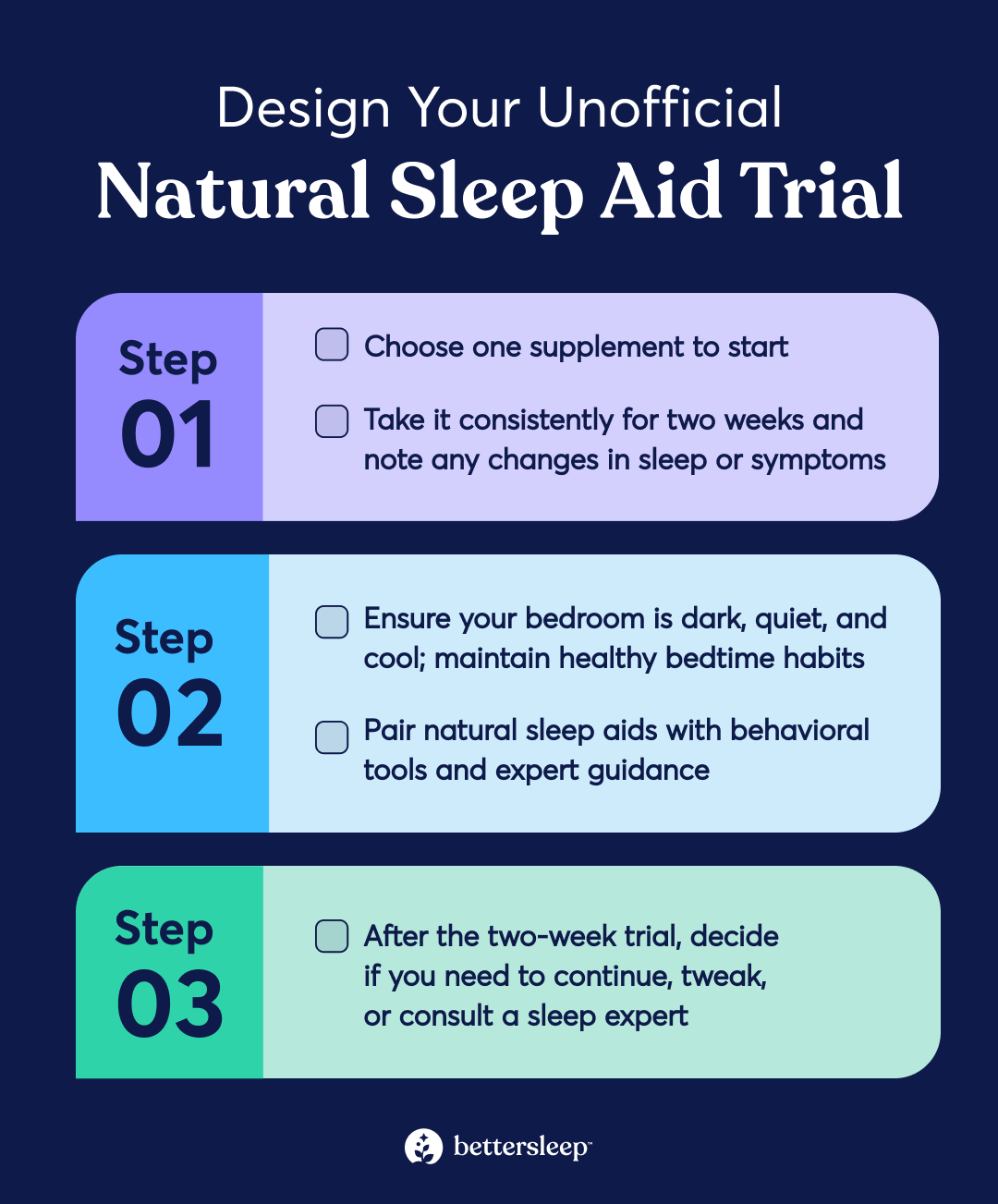 Infographic about the steps to take to try natural sleep aids and measure effectiveness.