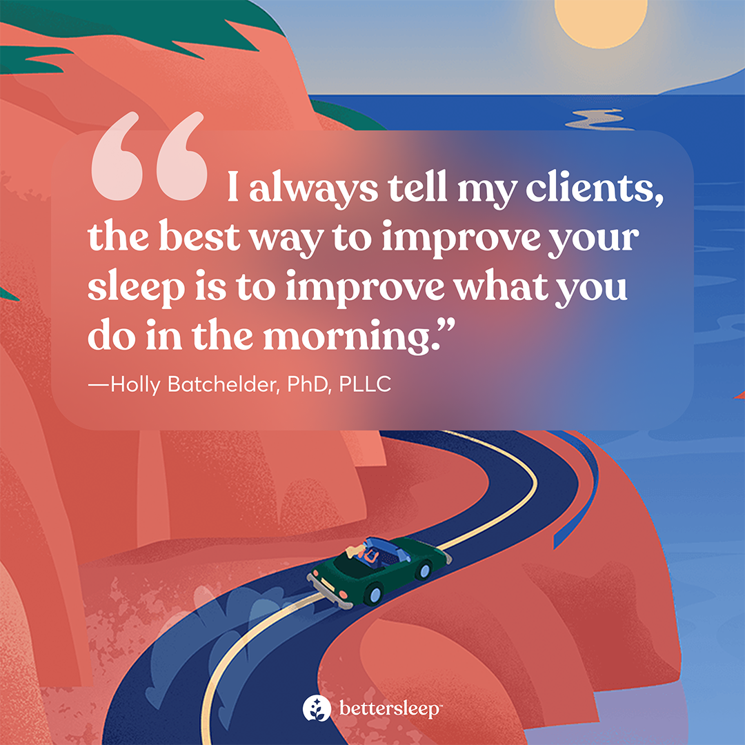A graphic of a car riding a coastal highway at sunset, with a quote about improving sleep through morning habits.