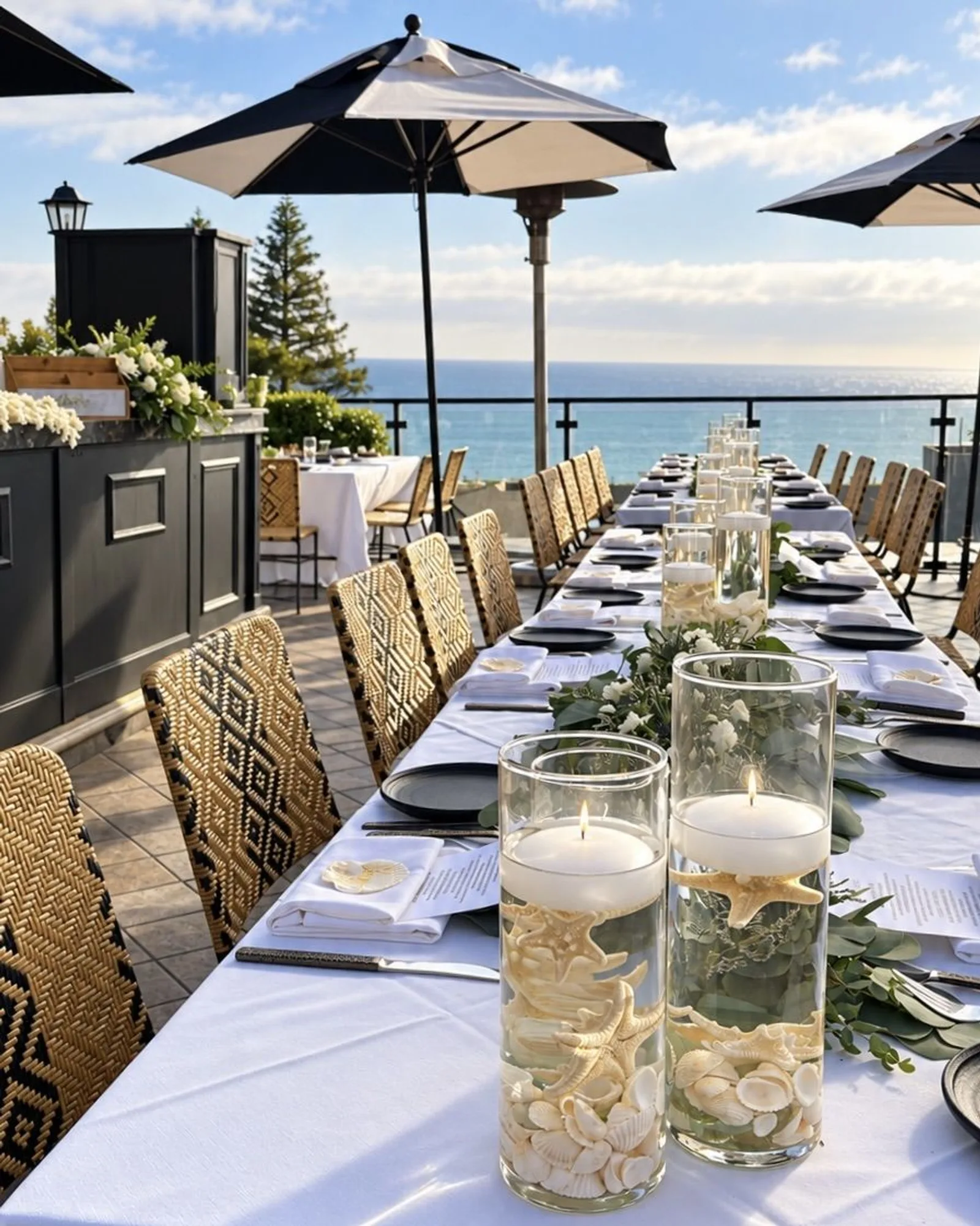 Long Veranda Rooftop table with seashell centerpieces and candles