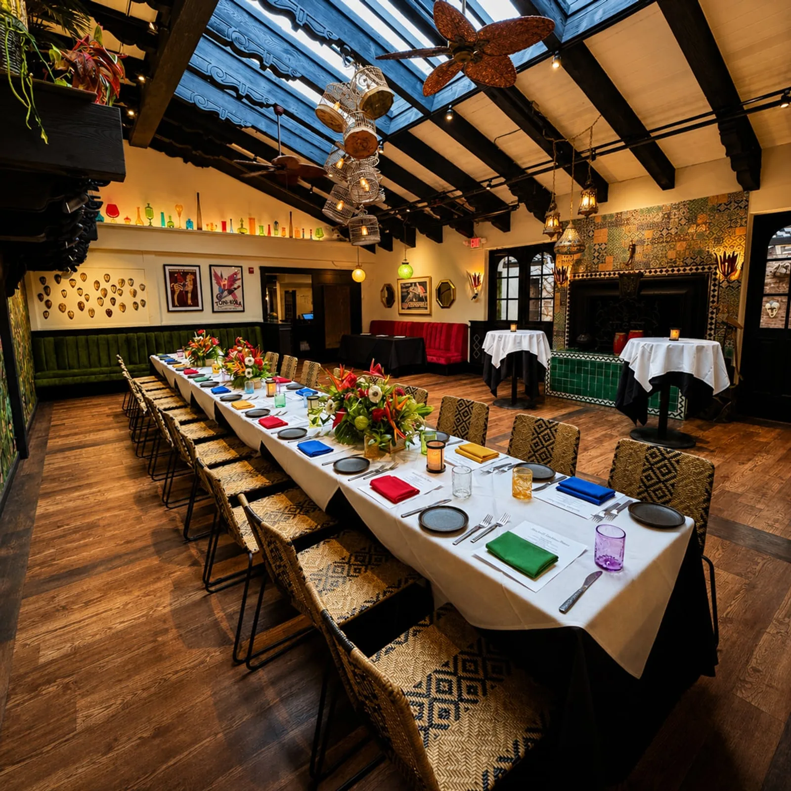 The Parrot Room set with a long banquet table for a private event