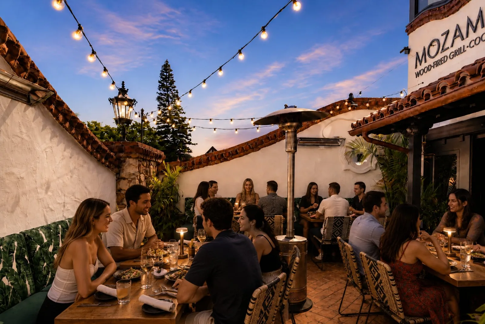 Guests dining on the Palm Patio under string lights
