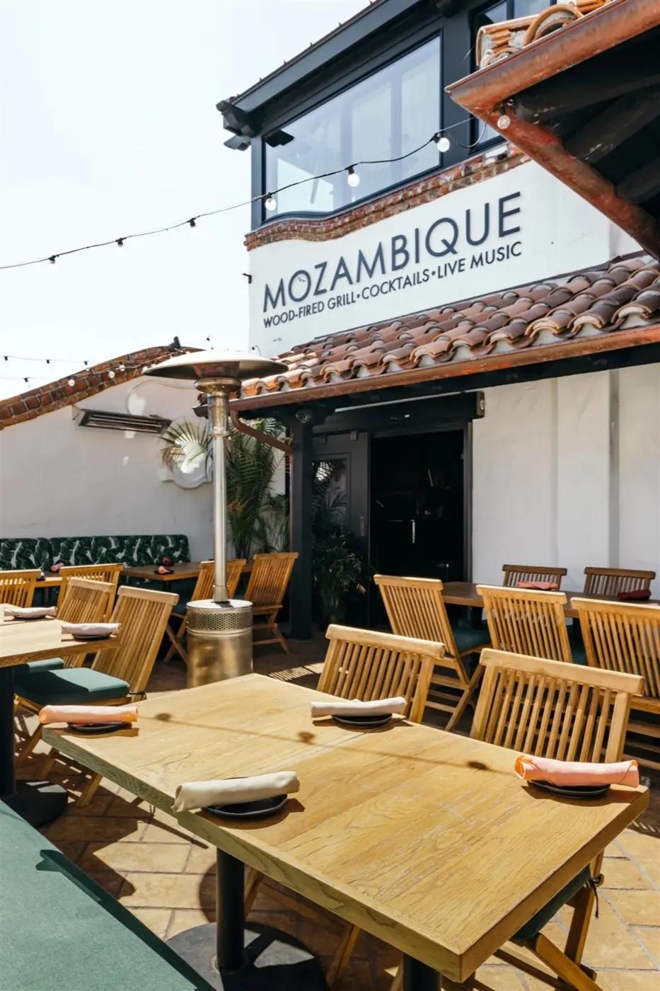 Mozambique Restaurant patio and signage in Laguna Beach