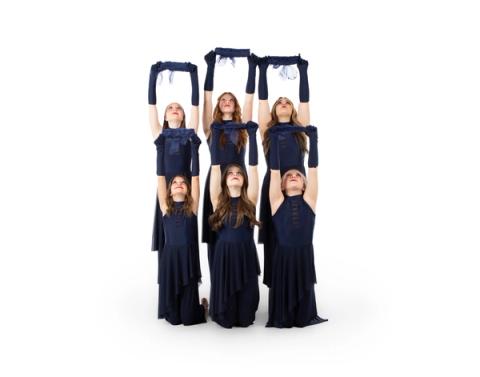 A group of dancers pose in navy costumes