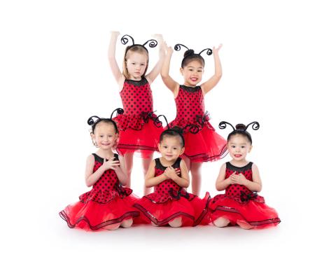 Five young dancers pose in red and black ladybug costumes