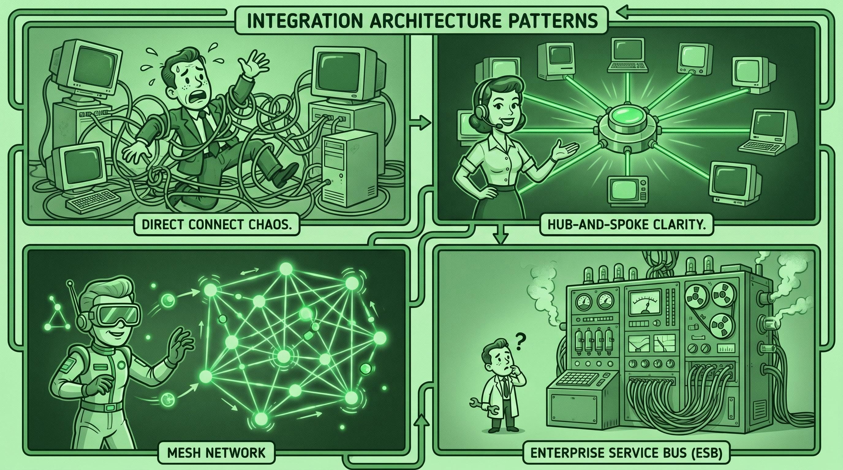 Integration Architecture Patterns: Hub-and-Spoke vs Mesh vs ESB