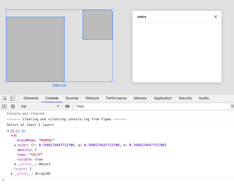 A screenshot of the Figma interface with the console up and the plugin window present.
