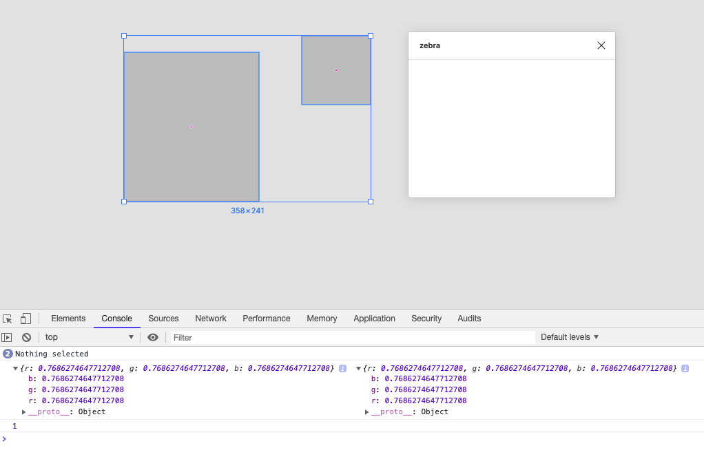 A screenshot of the Figma interface with the console open, logging color objects.
