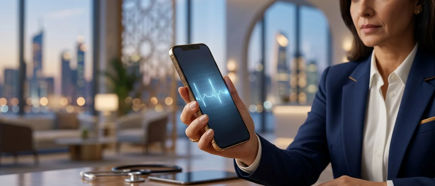 Digital therapeutics smartphone interface with medical waveform, Gulf region healthcare editorial cover for MENA regulatory guide Digital therapeutics smartphone interface with medical waveform, Gulf region healthcare editorial cover for MENA regulatory guide