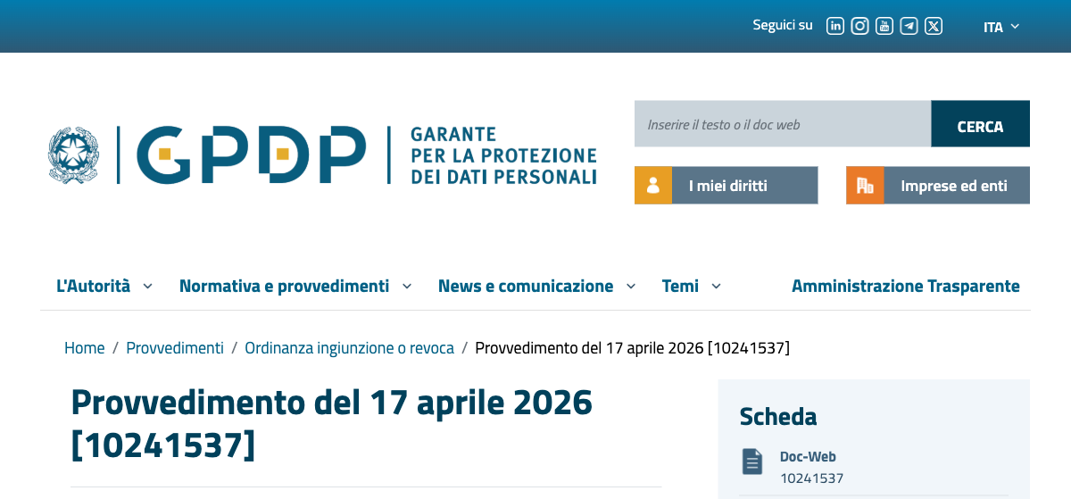 Italy Garante GDPR fine Poste Italiane device surveillance decision April 2026