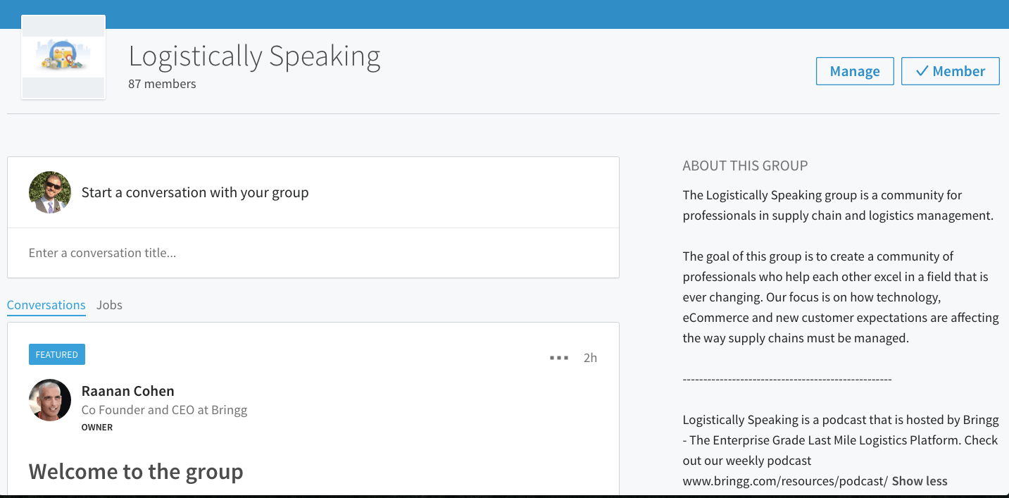 Logistically Speaking LinkedIn group page, 87 members, with a welcome post by Raanan Cohen, Bringg's co-founder and CEO