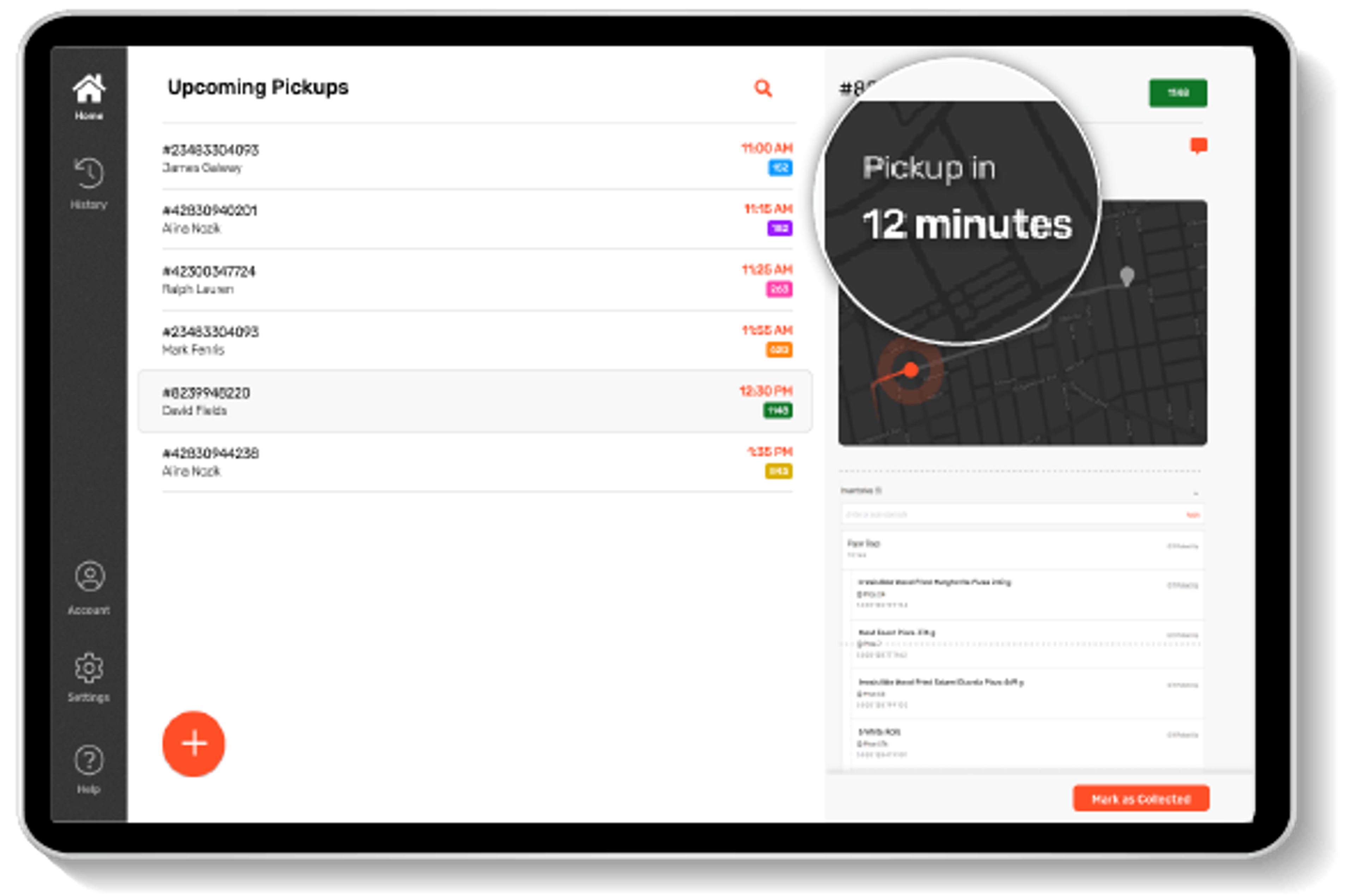 Upcoming Pickups screen listing orders by time beside a store map, with a callout reading Pickup in 12 minutes