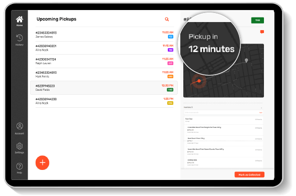 Upcoming Pickups screen listing orders by time beside a store map, with a callout reading Pickup in 12 minutes