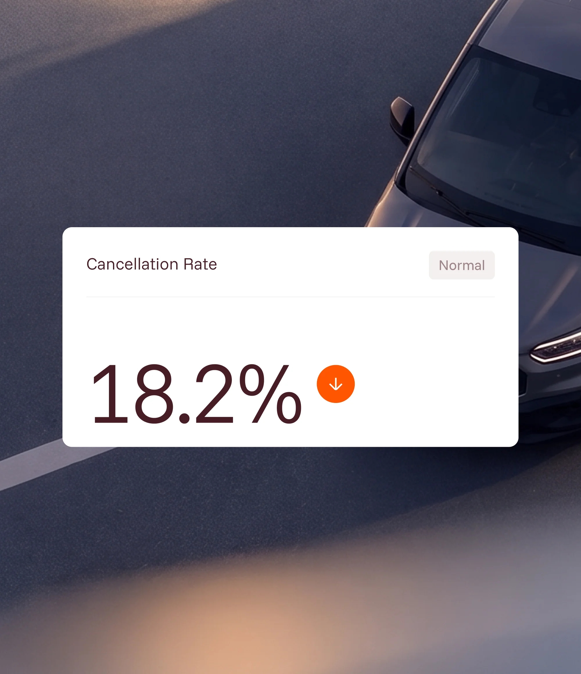 Cancellation Rate card showing 18.2%, over the bonnet of a dark car