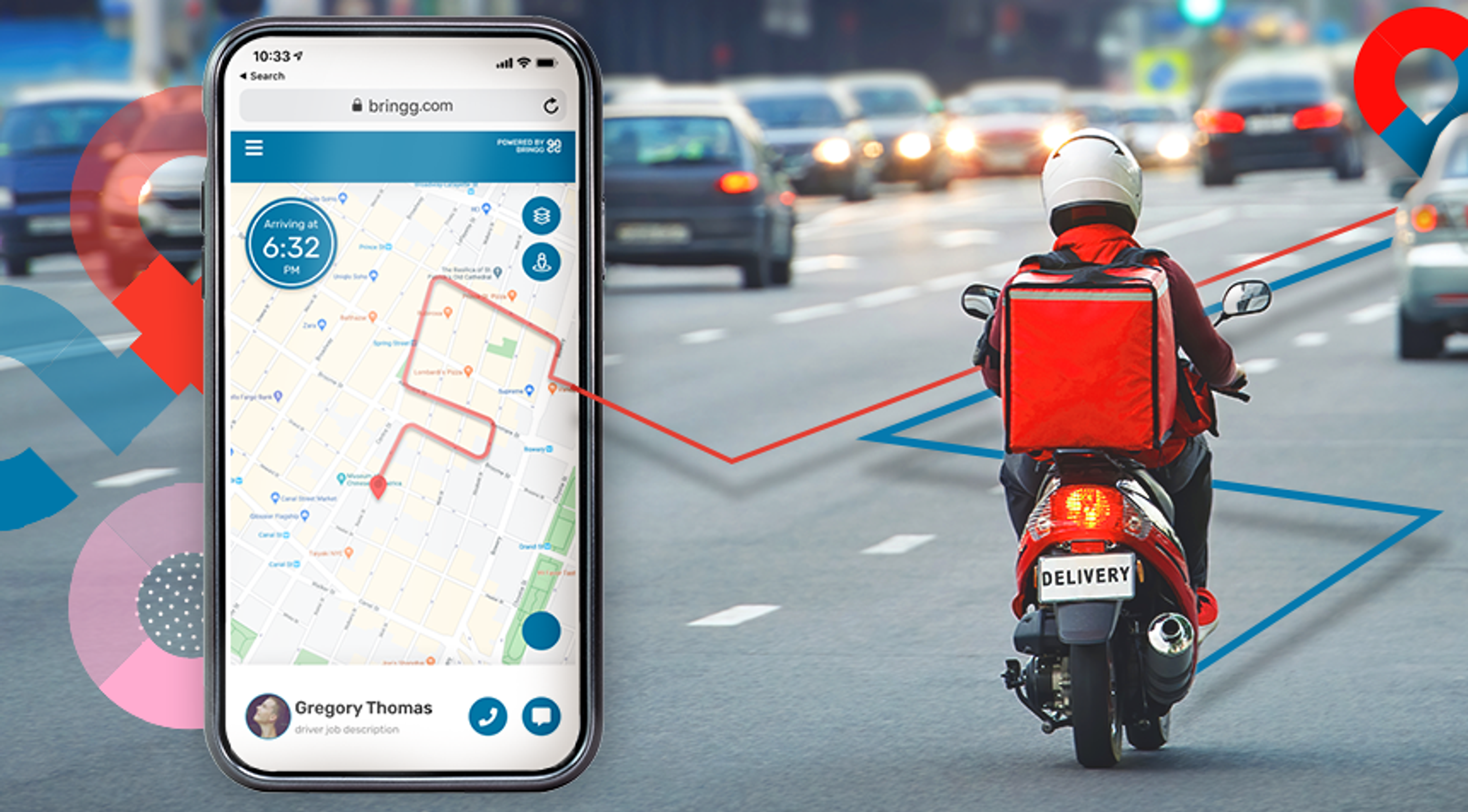Phone tracking page showing arrival at 6:32 PM and a route map, beside a courier on a red delivery scooter in traffic