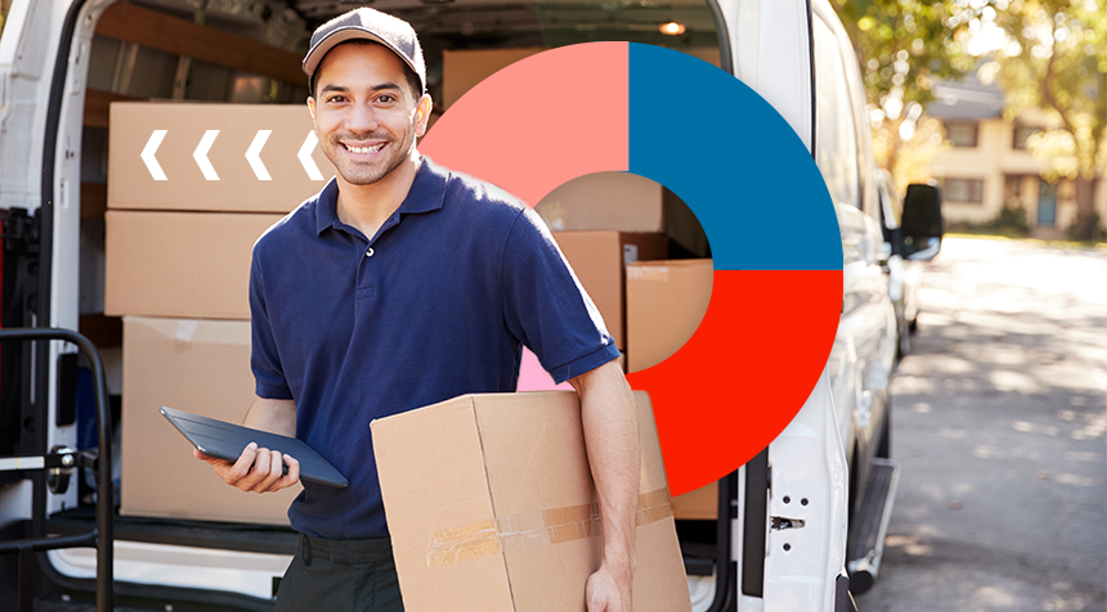 A smiling courier holding a parcel and a tablet in front of a van full of boxes, beside a red and blue donut chart
