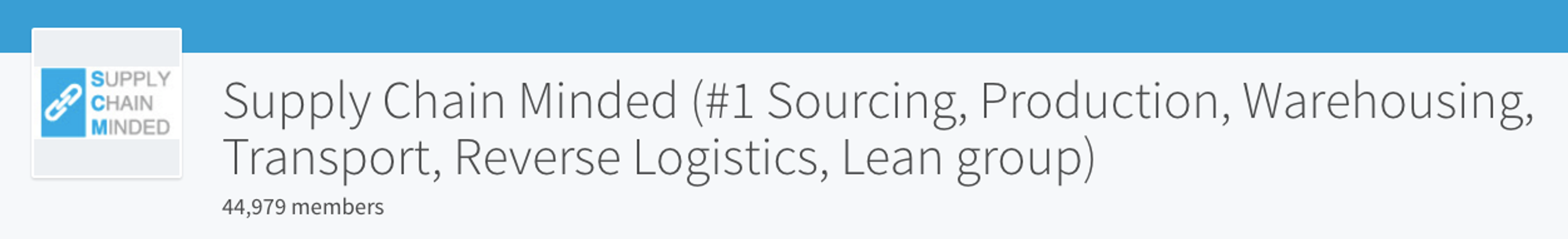 Supply Chain Minded LinkedIn group header, a sourcing, warehousing, transport and logistics group with 44,979 members