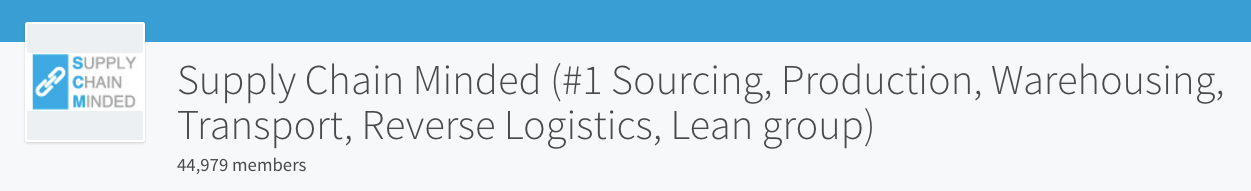 Supply Chain Minded LinkedIn group header, a sourcing, warehousing, transport and logistics group with 44,979 members