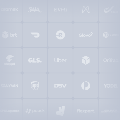 Grid of delivery carrier logos including UPS, DHL, GLS, Uber, DoorDash, Glovo, DSV, Evri and Yodel