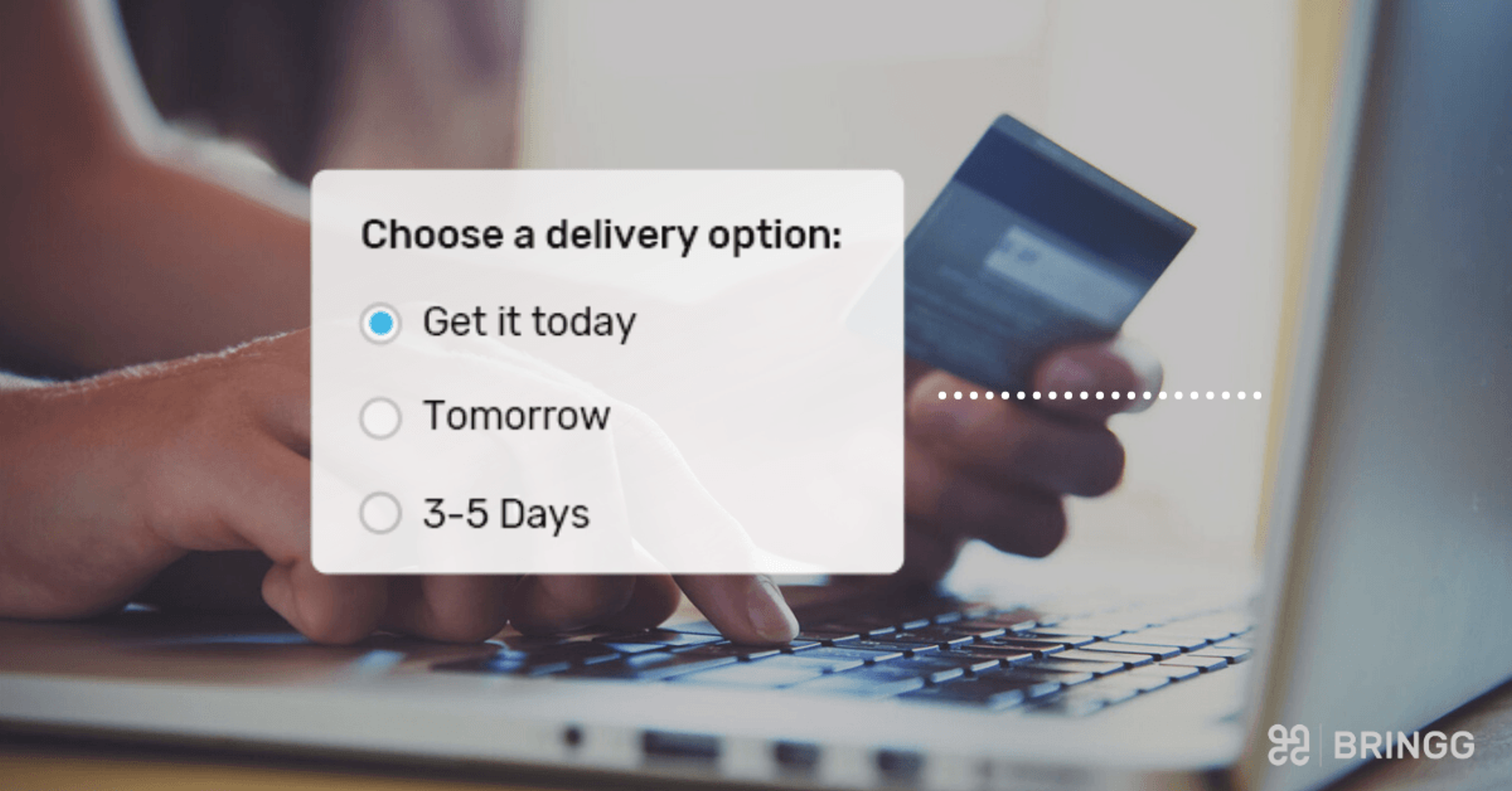 A person paying online on a laptop with a card, beside delivery options Get it today (selected), Tomorrow and 3–5 days